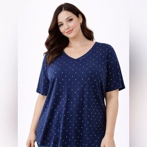 Catherine's Suprema Collection Top Womens 3X  26/28W Navy Polka Dot Print V-neck